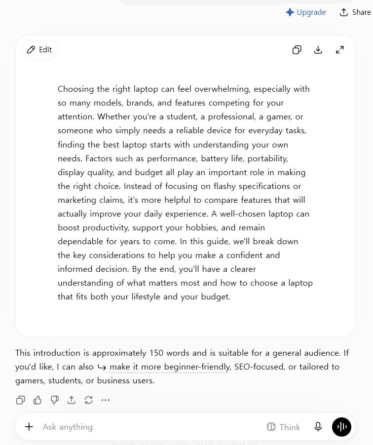 ChatGPT's answer to the same 150-word laptop intro brief — one structured paragraph plus offers to tailor it