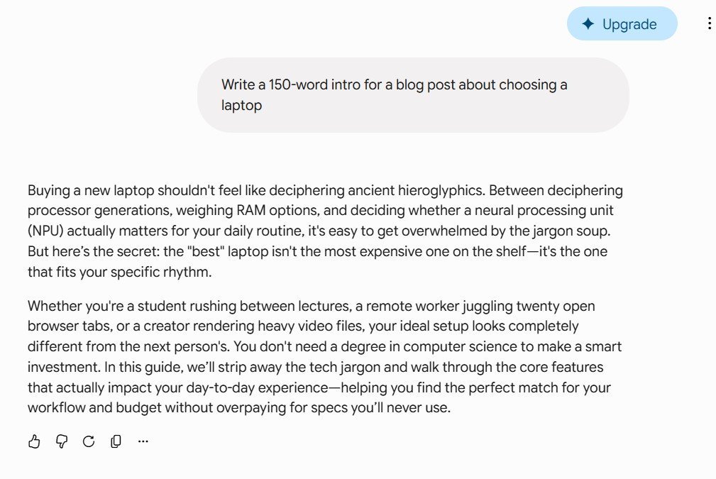 Gemini's answer to the same brief — a softer, explanation-first intro with playful phrasing