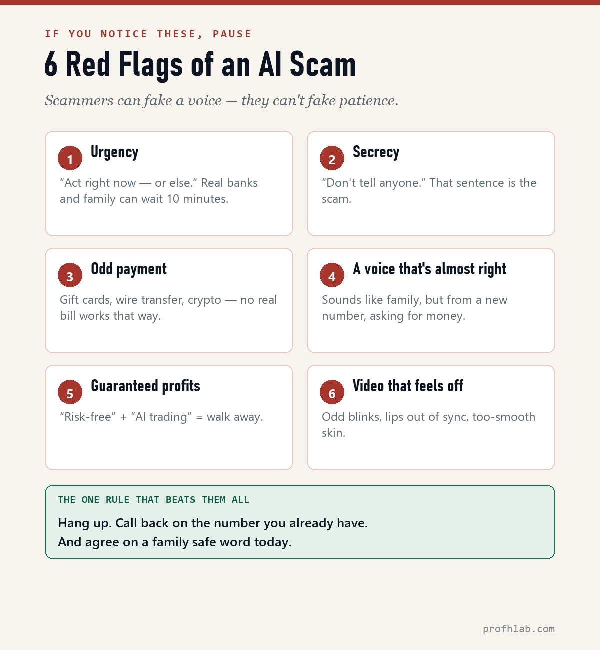 Six red flags of an AI scam — urgency, secrecy, unusual payment methods, a number you didn't look up, refusal to video call, and pressure not to hang up