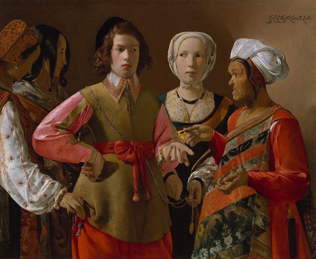 Georges de La Tour's The Fortune Teller: a young man watches the fortune teller while accomplices cut his chain and lift his purse.