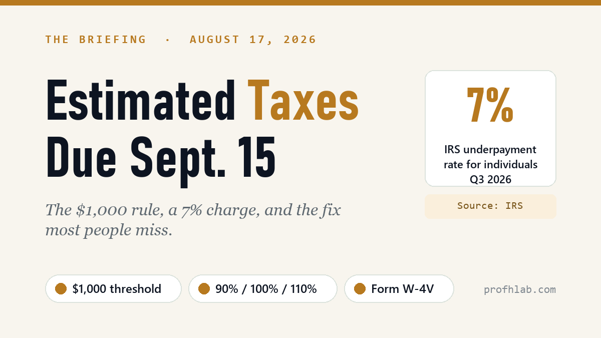 The Briefing, August 17, 2026: Estimated taxes due September 15 — the $1,000 rule, a 7% IRS underpayment rate for individuals in Q3 2026, and Form W-4V.