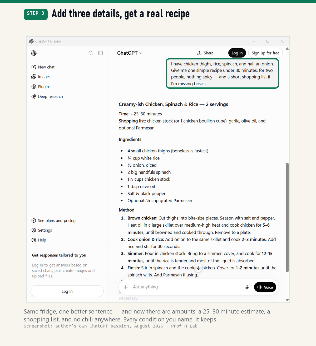 The same request with three added details, and the far more precise recipe it produced — with amounts, a time estimate, and a shopping list