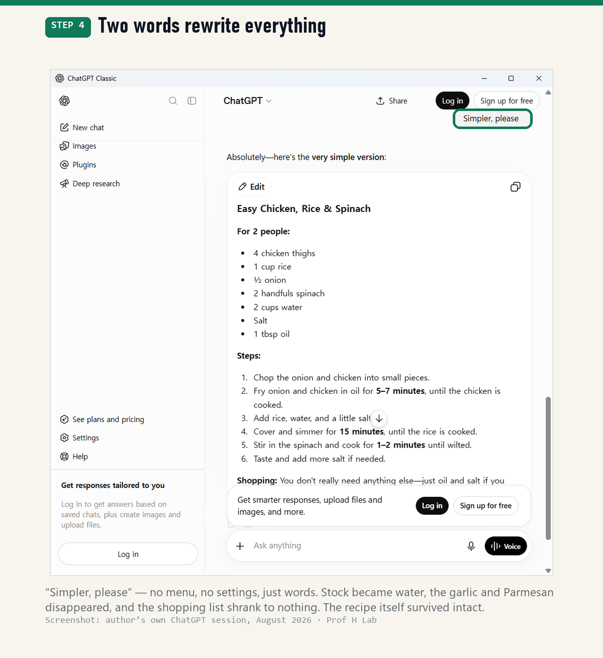 Typing Simpler, please and the plainer recipe that came back — water instead of stock, no garlic or Parmesan, and no shopping list