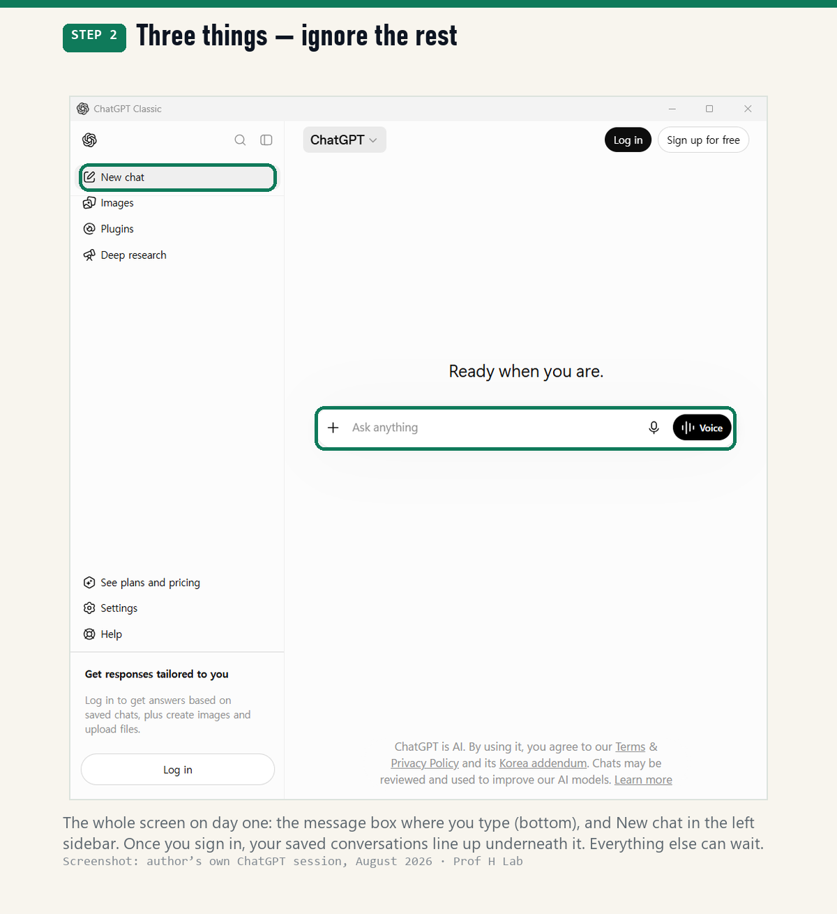 The ChatGPT starting screen with the message box at the bottom and New chat in the left sidebar highlighted