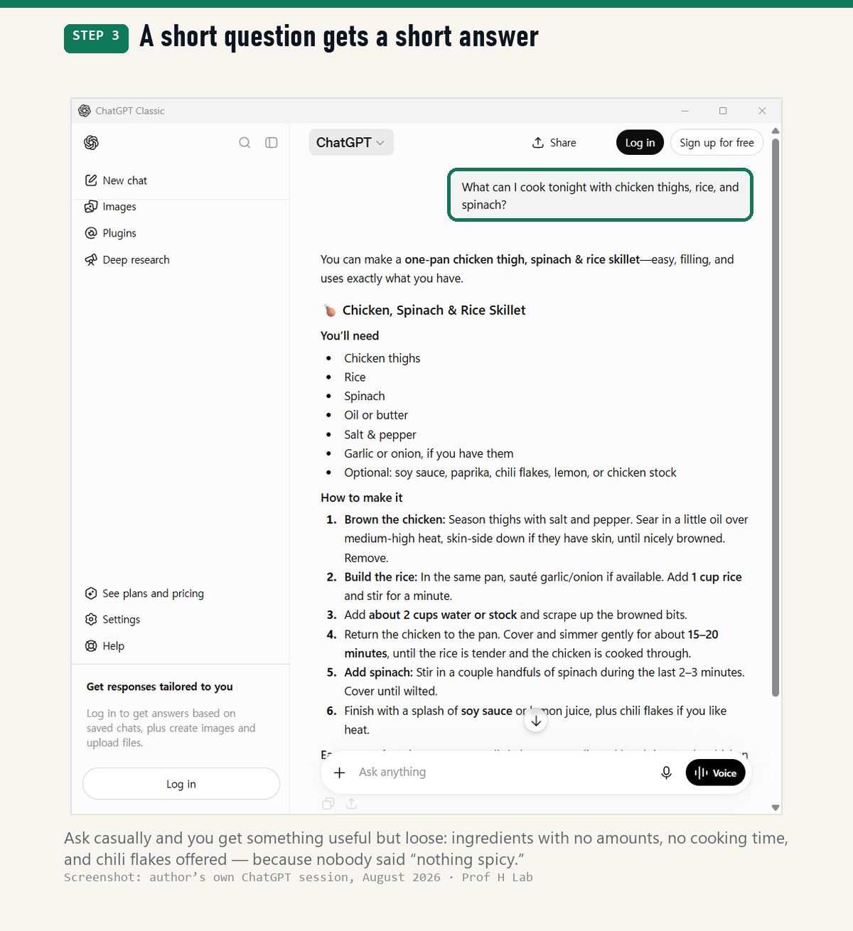 A casual question about chicken, rice and spinach and the loose answer it produced — ingredients with no amounts and no cooking time