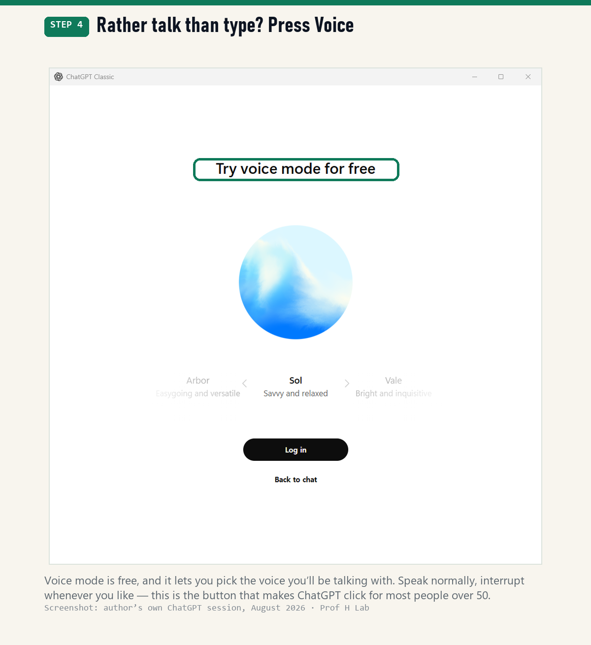 The ChatGPT voice screen, which says Try voice mode for free and lets you choose between different voices
