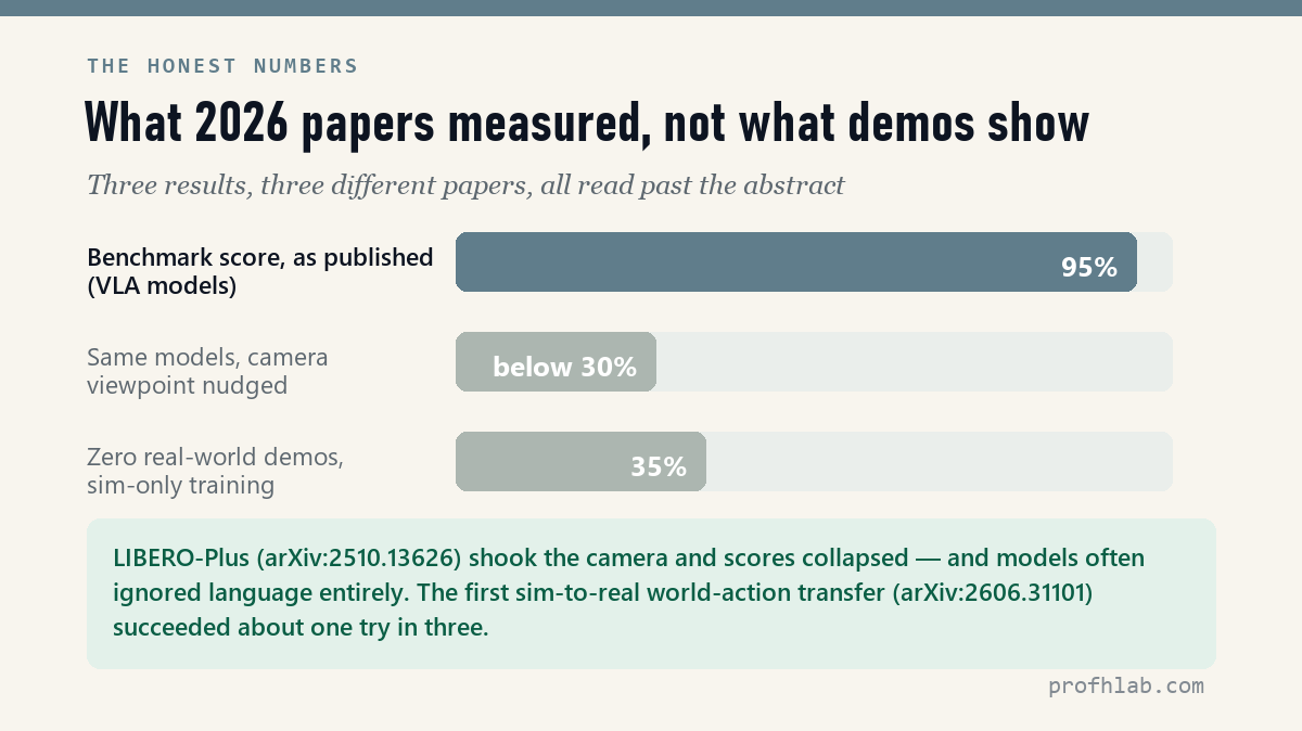 Three honest numbers from 2026 robotics papers: 95% benchmark, under 30% after camera shift, 35% zero-shot