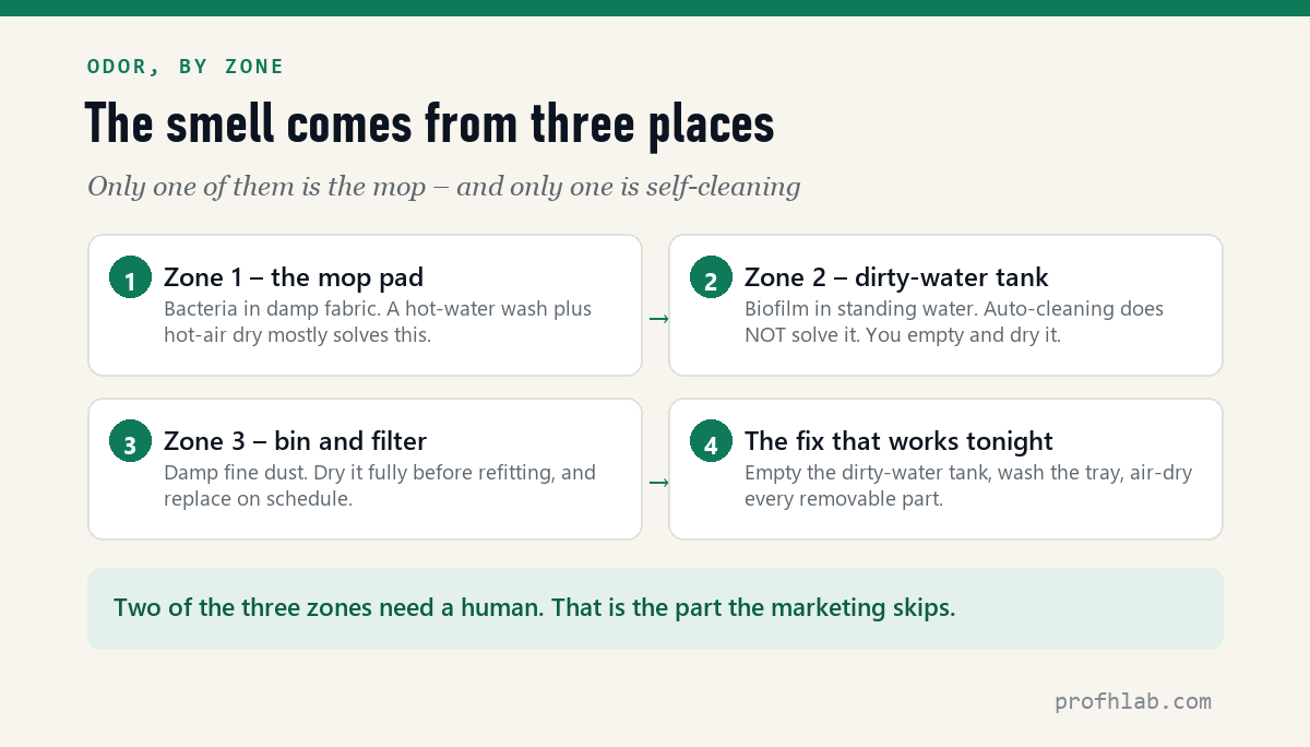 The three zones a robot vacuum smell comes from