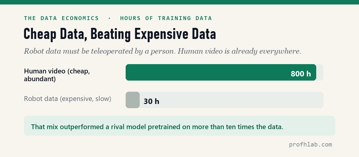 800 hours of human video versus 30 hours of robot data