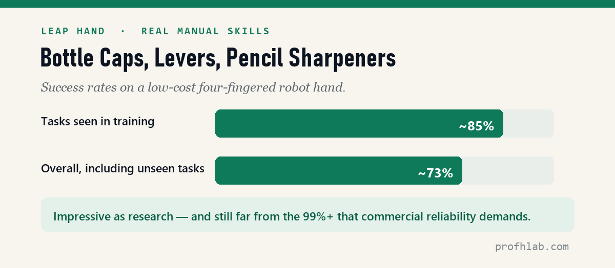 85% success on trained tasks, about 73% overall
