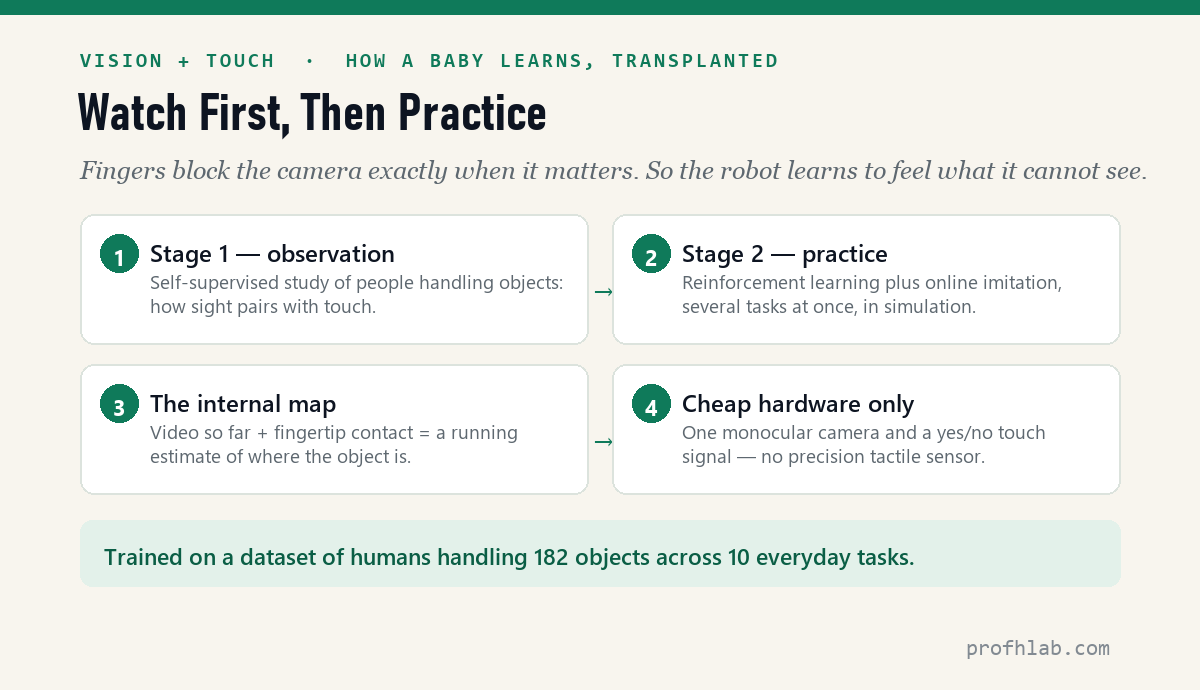 Two-stage learning — observation then practice — for robot hand dexterity