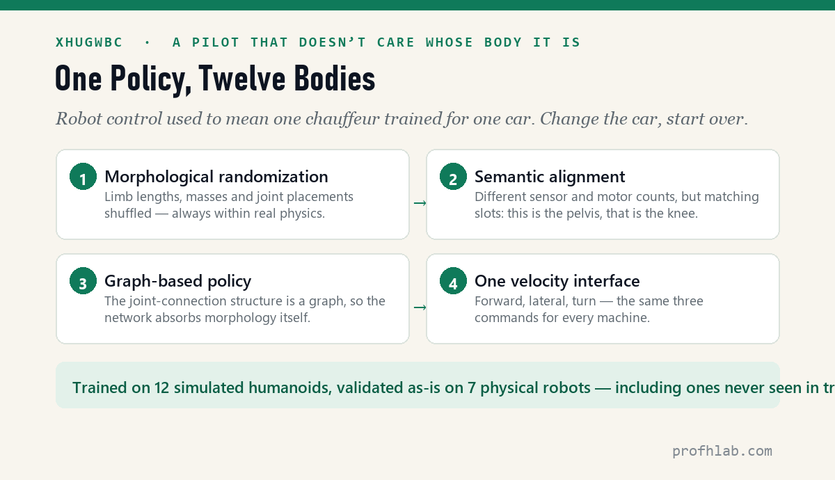 How XHugWBC trains one policy that drives twelve different humanoid bodies