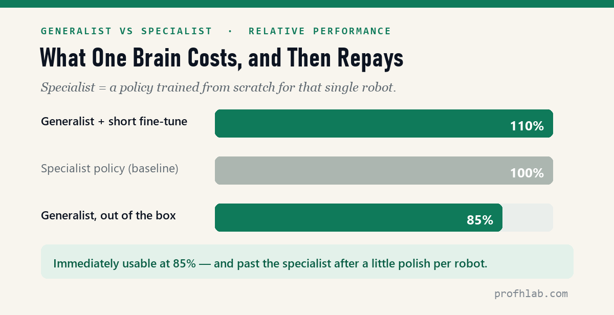 Generalist policy at 85% of specialist performance, 110% after fine-tuning