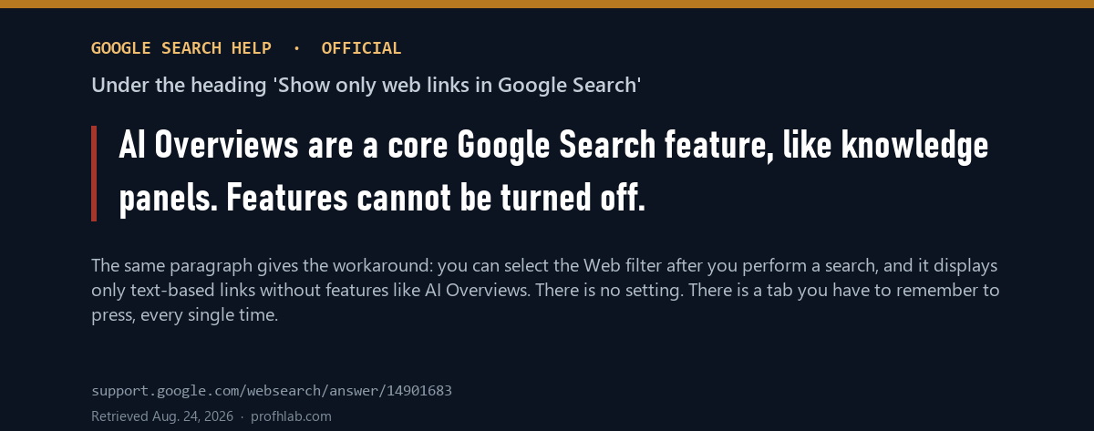Quotation from Google Search Help stating AI Overviews features cannot be turned off