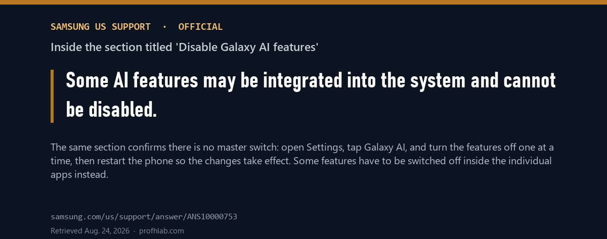 Quotation from Samsung support stating some AI features are integrated into the system and cannot be disabled
