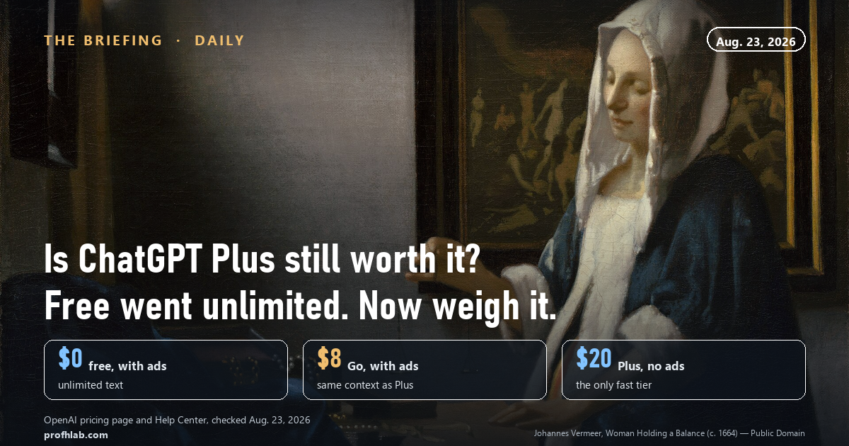 Is ChatGPT Plus still worth it — the $0, $8 and $20 tiers weighed, over Vermeer's Woman Holding a Balance