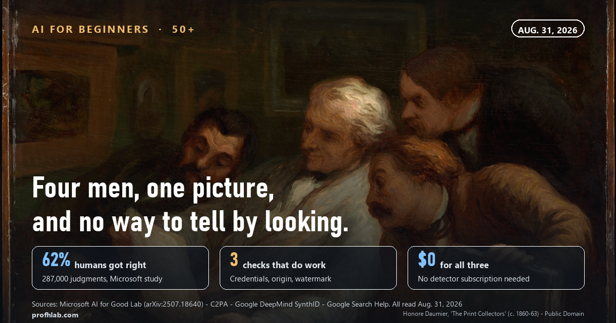 How to tell if a picture is AI generated: four men leaning over one print, unable to tell by looking