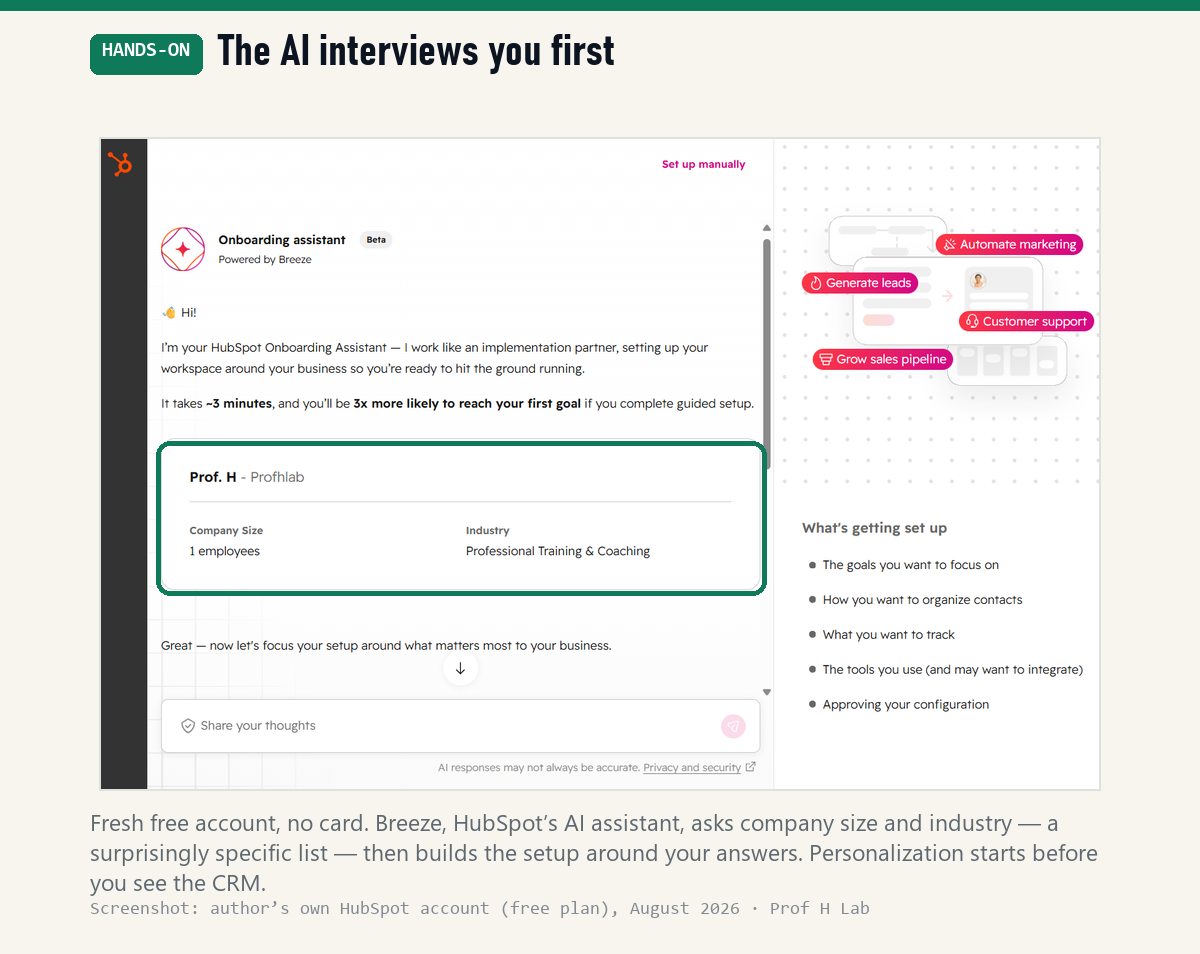 HubSpot free-plan onboarding, hands-on: Breeze AI assistant asking company size and industry to personalize the setup before showing the CRM