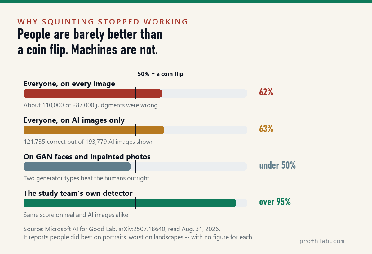 Chart showing people identified AI images correctly 62% of the time versus a detection tool scoring over 95%