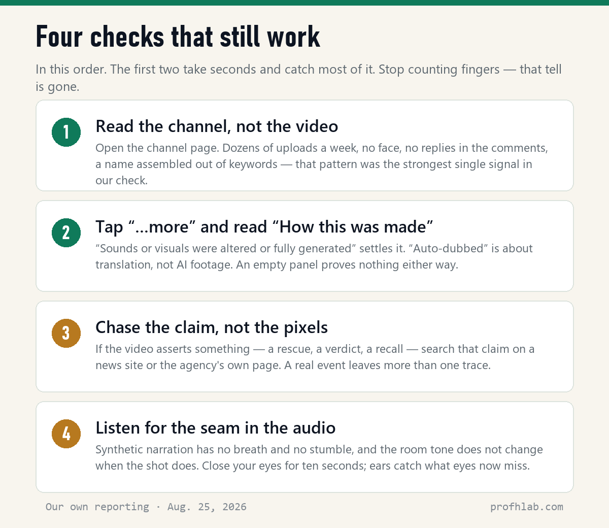 Four checks for spotting AI-generated video: read the channel, read the How this was made panel, chase the claim, listen to the audio