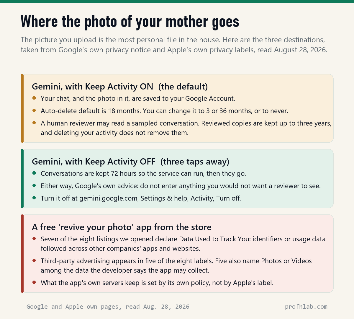 Three destinations for an uploaded family photo: Gemini with activity on, Gemini with activity off, and a free photo app