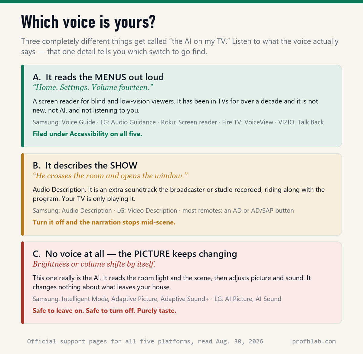 Which voice is yours: a screen reader reading menus, audio description narrating the show, or an actual AI picture setting