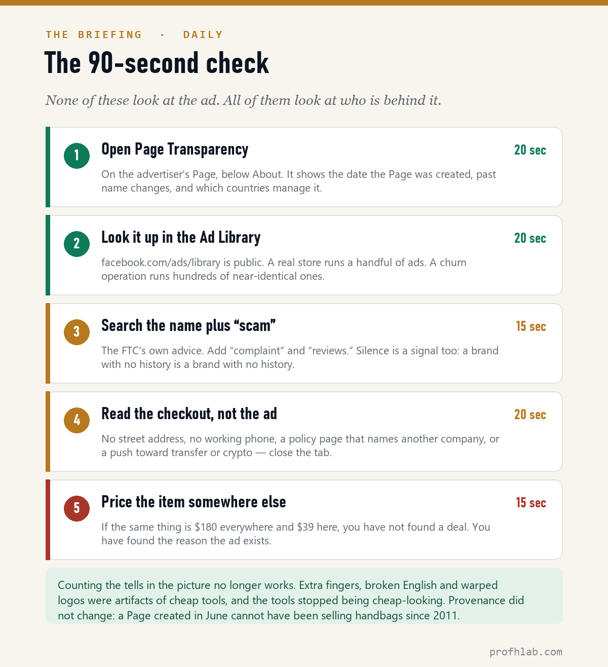 Five checks that take about ninety seconds before buying from a social media ad