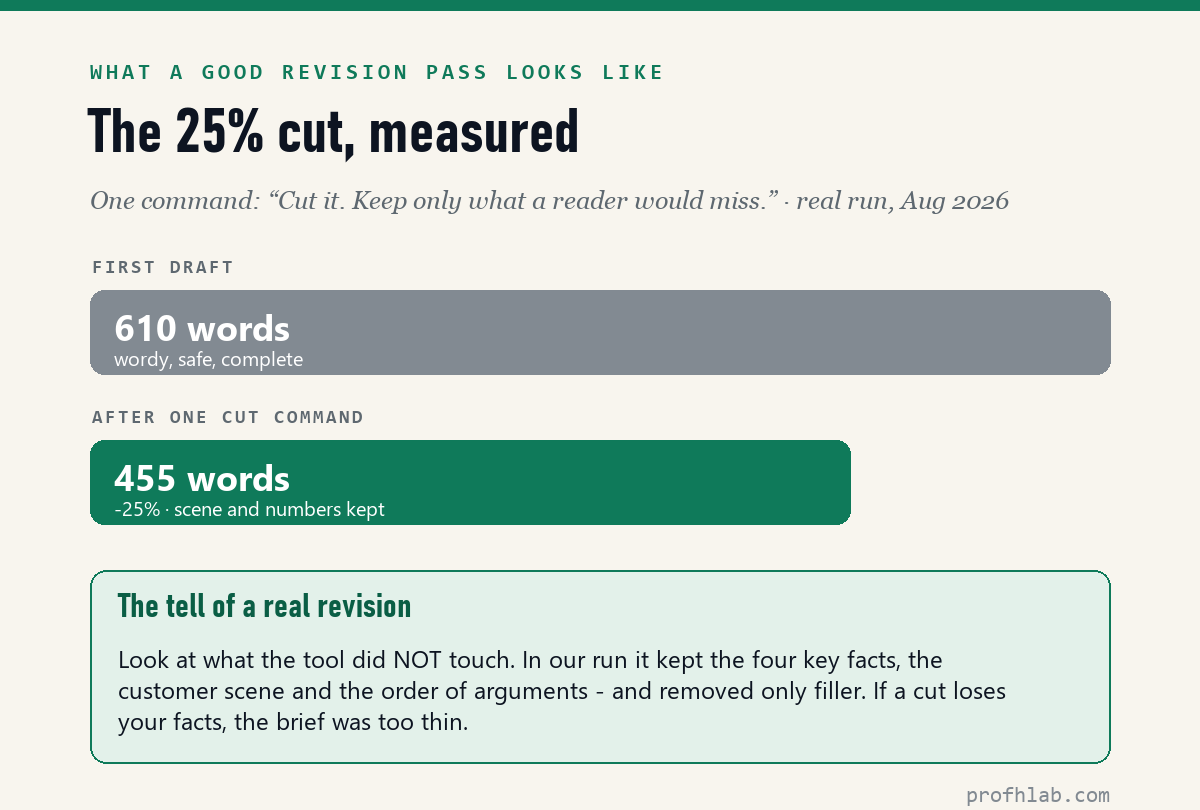 The 25 percent cut, measured: 610 words to 455 with facts and scene kept