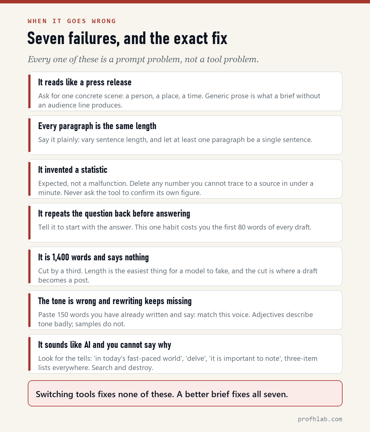 Seven common AI writing failures and their fixes - press release tone, uniform paragraphs, invented statistics, restated questions, empty length, wrong voice, and AI tells