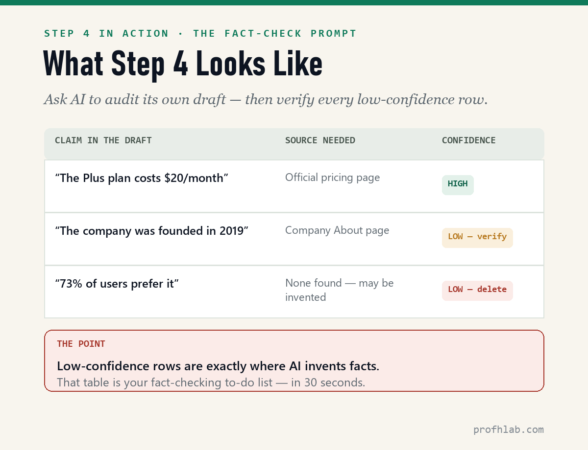 Example fact-check table from the step 4 prompt — each claim with the source needed and a confidence rating; low-confidence rows are where AI invents facts