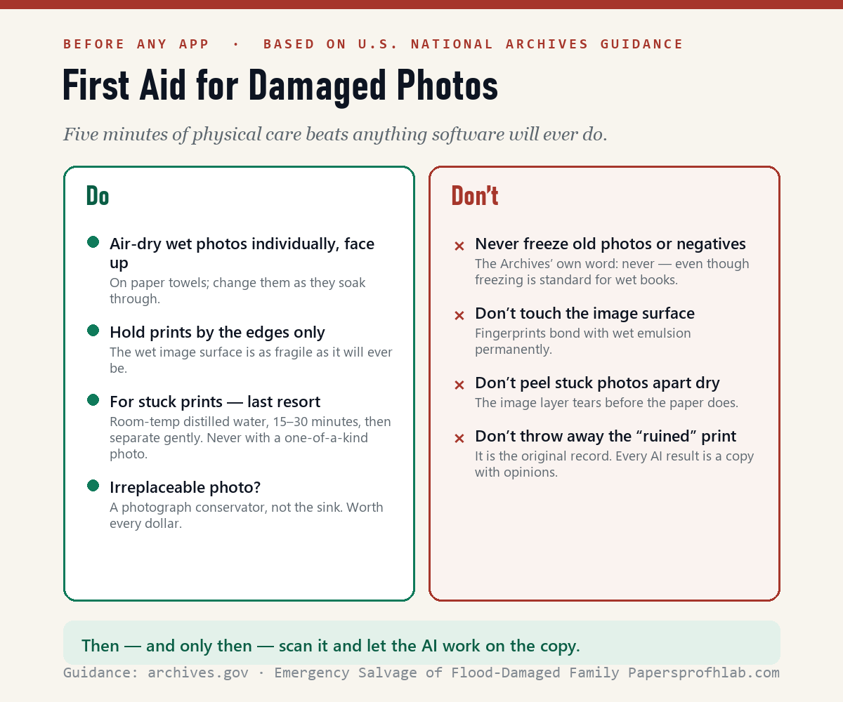 First aid for damaged photo prints, based on National Archives guidance — air dry face up, never freeze old photos, do not touch the image surface, distilled water soak as a last resort for stuck prints, and a conservator for irreplaceable photos