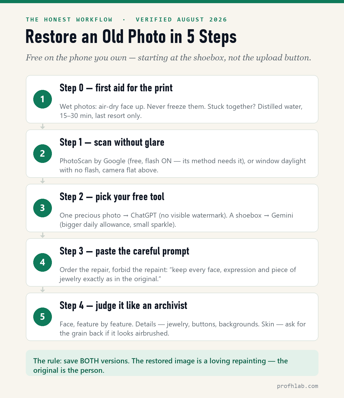 Five steps to restore an old photo with AI — first aid for the print, a glare-free scan, choosing ChatGPT or Gemini, the restore prompt, and judging the result against the original