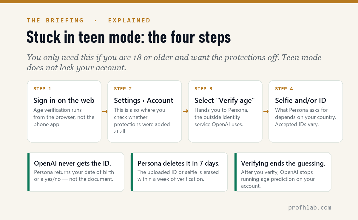Four steps to remove teen protections: sign in on the web, go to Settings and Account, select Verify age, complete a selfie or ID check with Persona, plus three facts about what happens to your data
