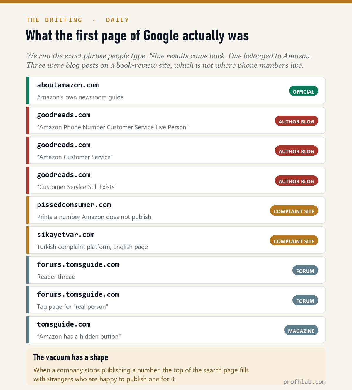 Chart listing the nine page-one Google results, classified as official, author blog, complaint site, forum and magazine.