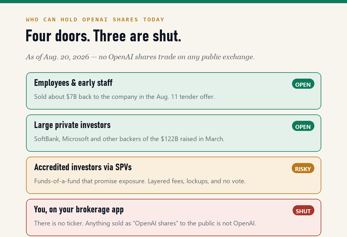 Four doors to holding OpenAI shares: employees open, large private investors open, accredited investors via SPVs risky, retail brokerage shut