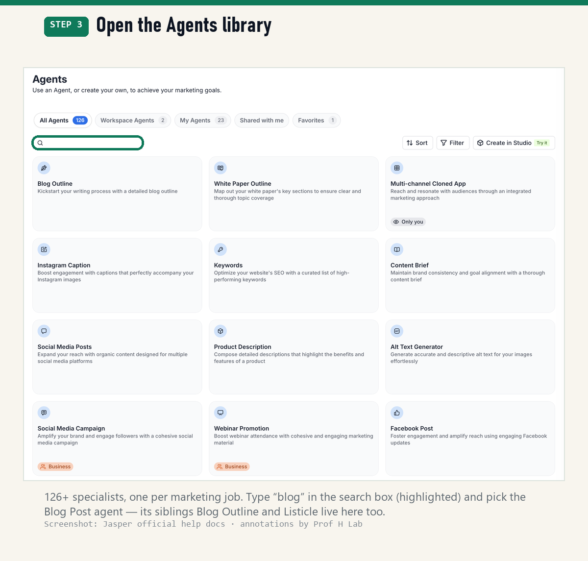 Jasper's Agents library with the search box highlighted — type blog to find the Blog Post agent among 126 specialists
