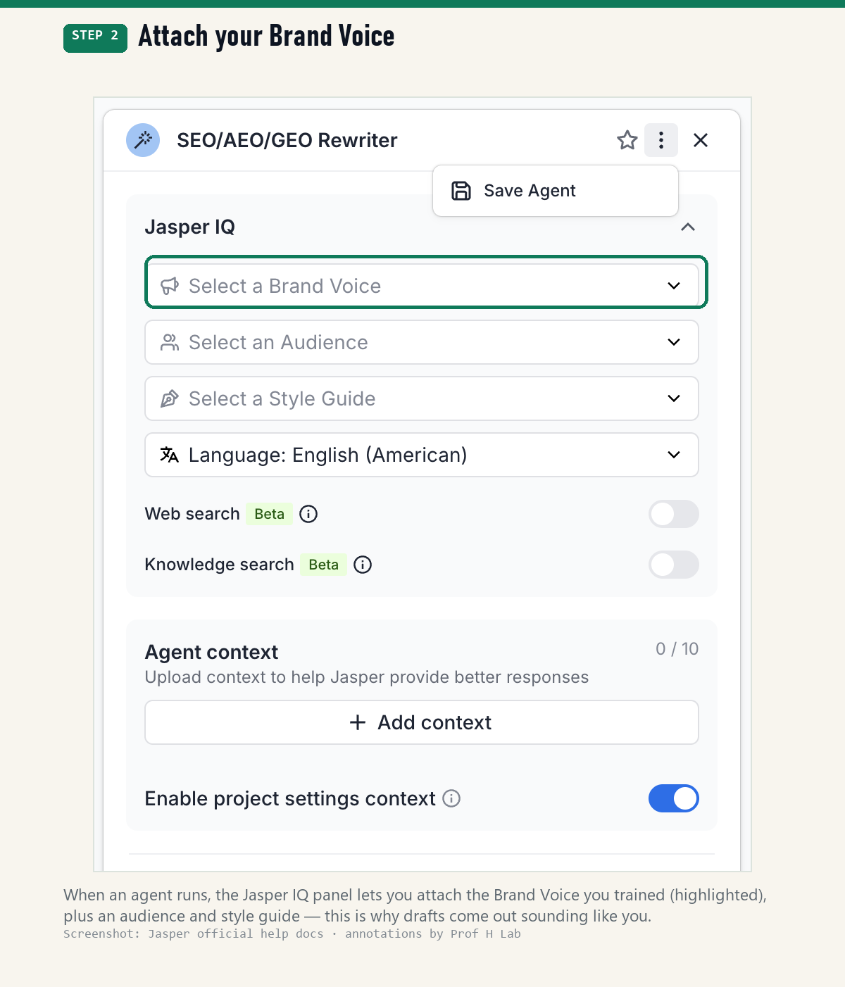 Jasper's Jasper IQ panel with the Select a Brand Voice field highlighted — where your trained voice gets attached to any agent