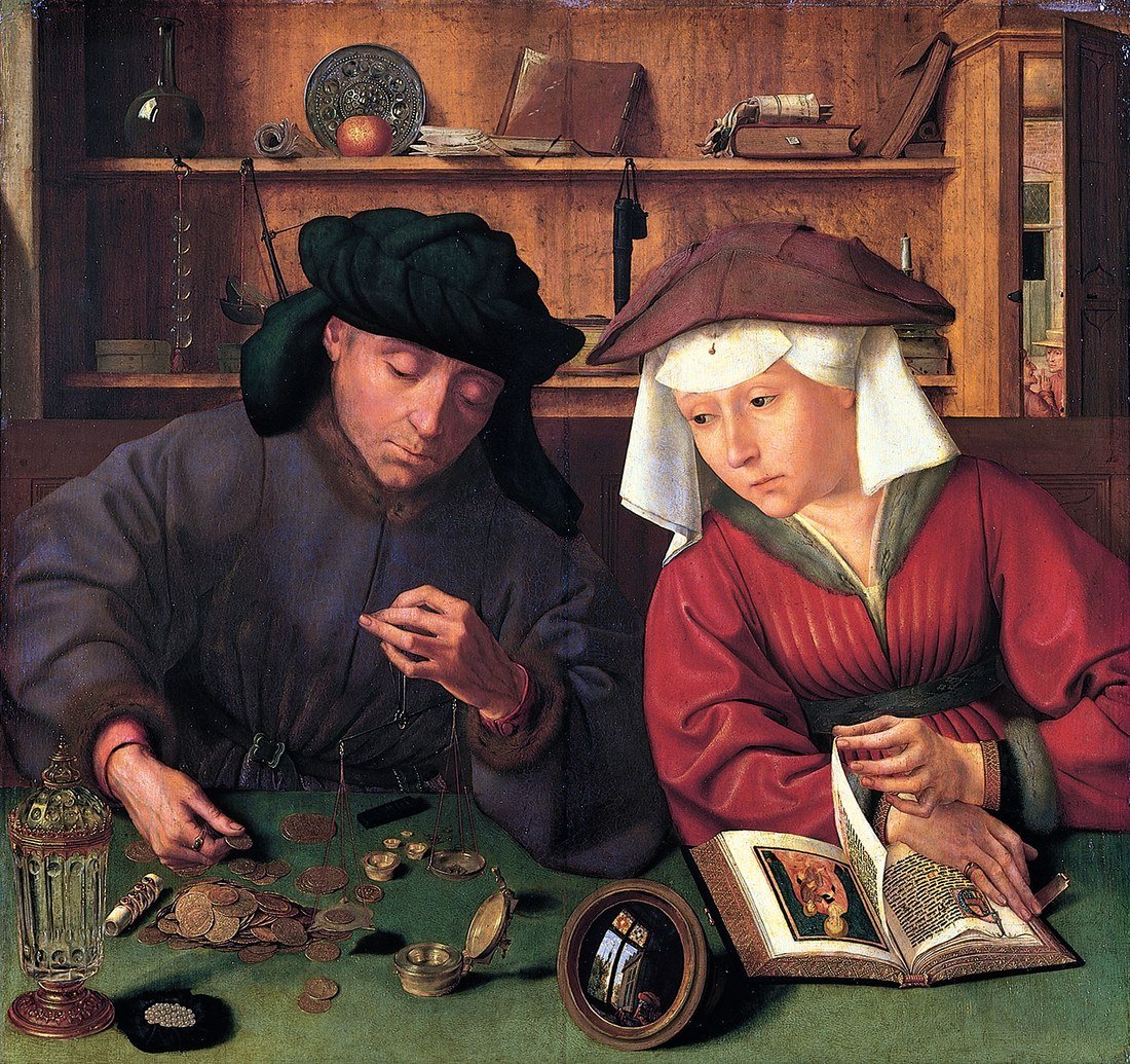 Quentin Massys 1514 painting The Moneylender and his Wife, showing a man weighing gold coins on a balance scale while his wife looks up from her prayer book