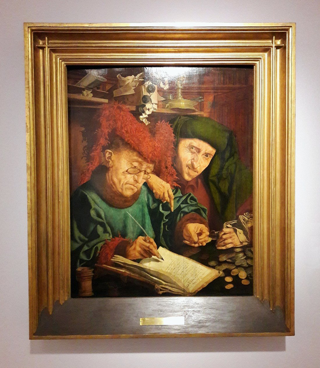 Marinus van Reymerswaele painting of two tax collectors poring over a ledger with coins and documents