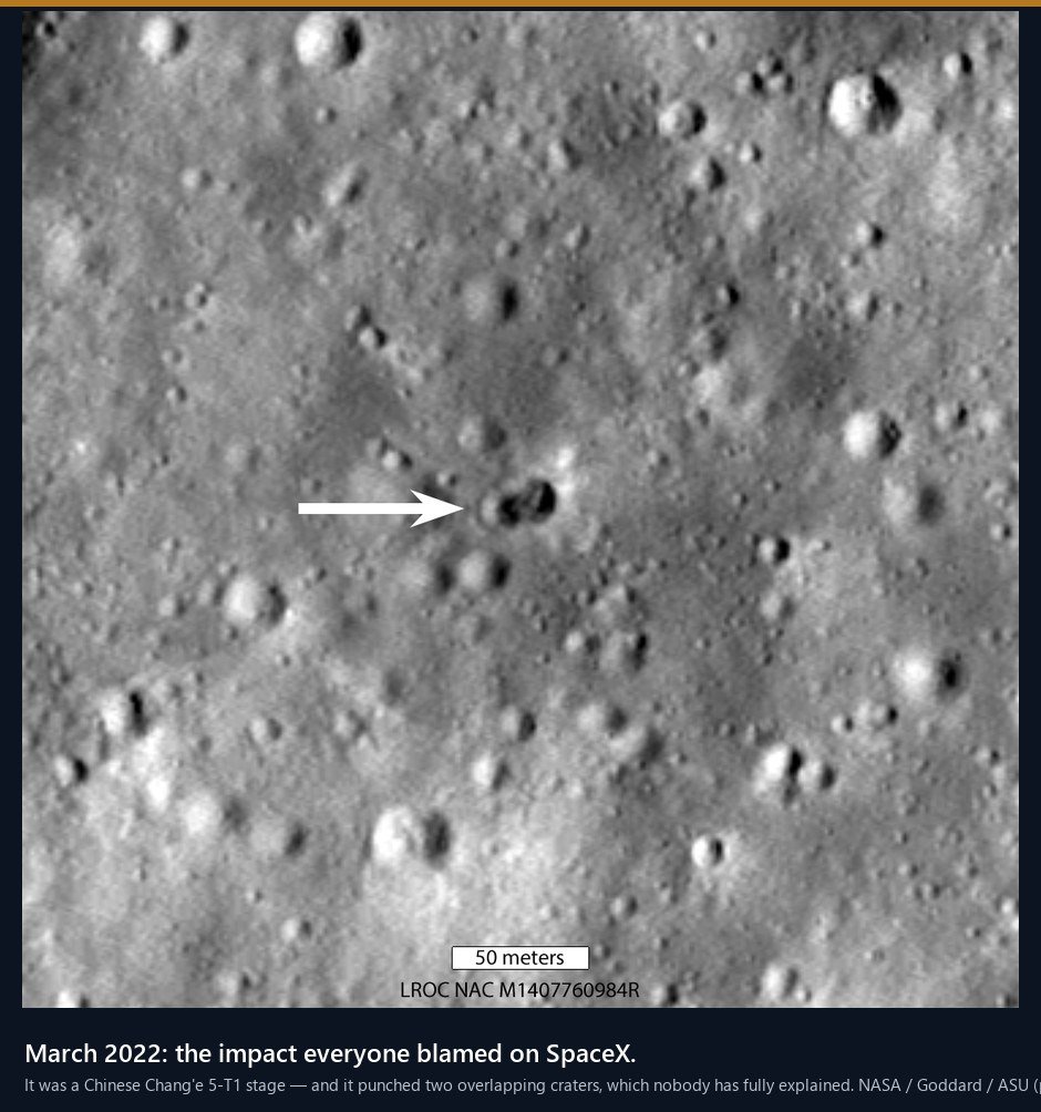 NASA LRO image of the double crater left by a rocket body impact on the Moon in March 2022
