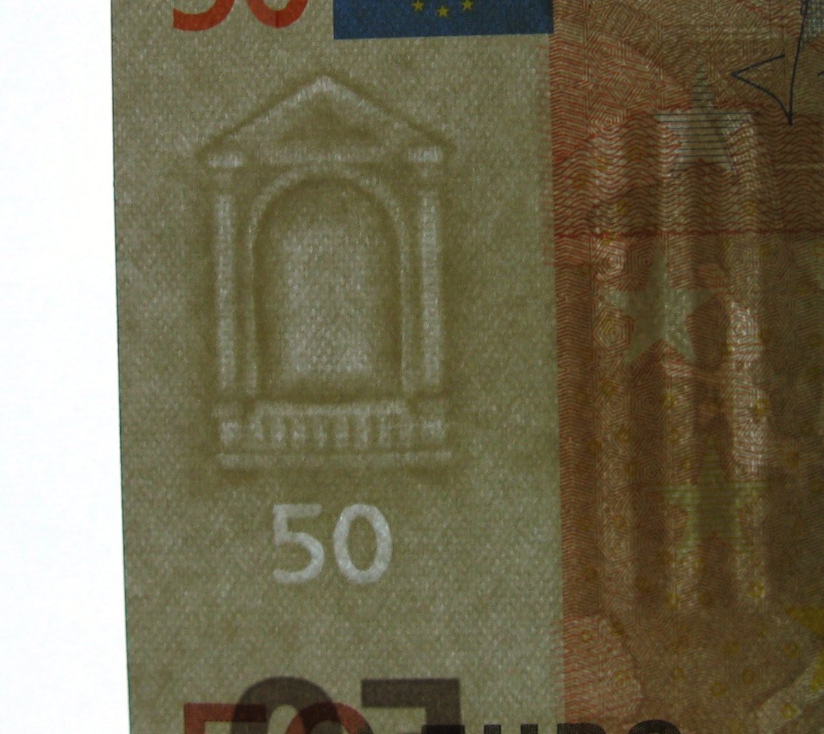 A watermark visible in the paper of a fifty euro banknote when held up to the light