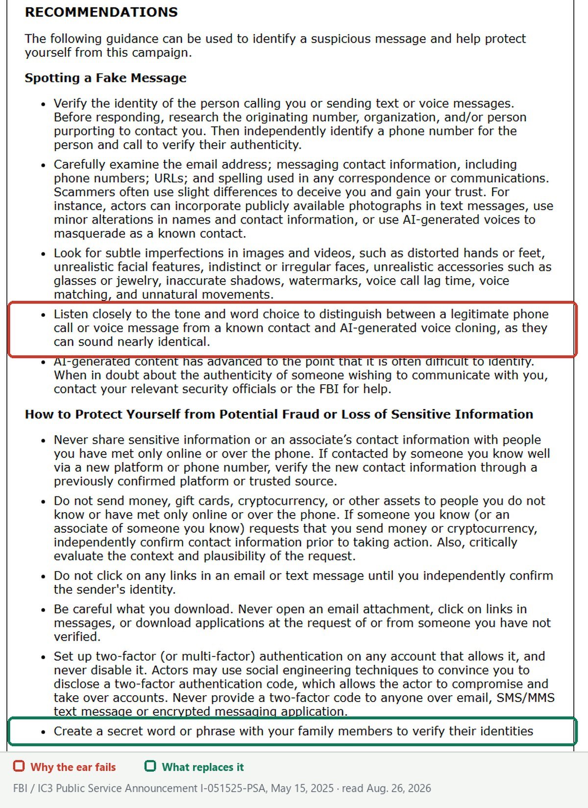 FBI public service announcement recommending a secret word or phrase with family members to verify identities