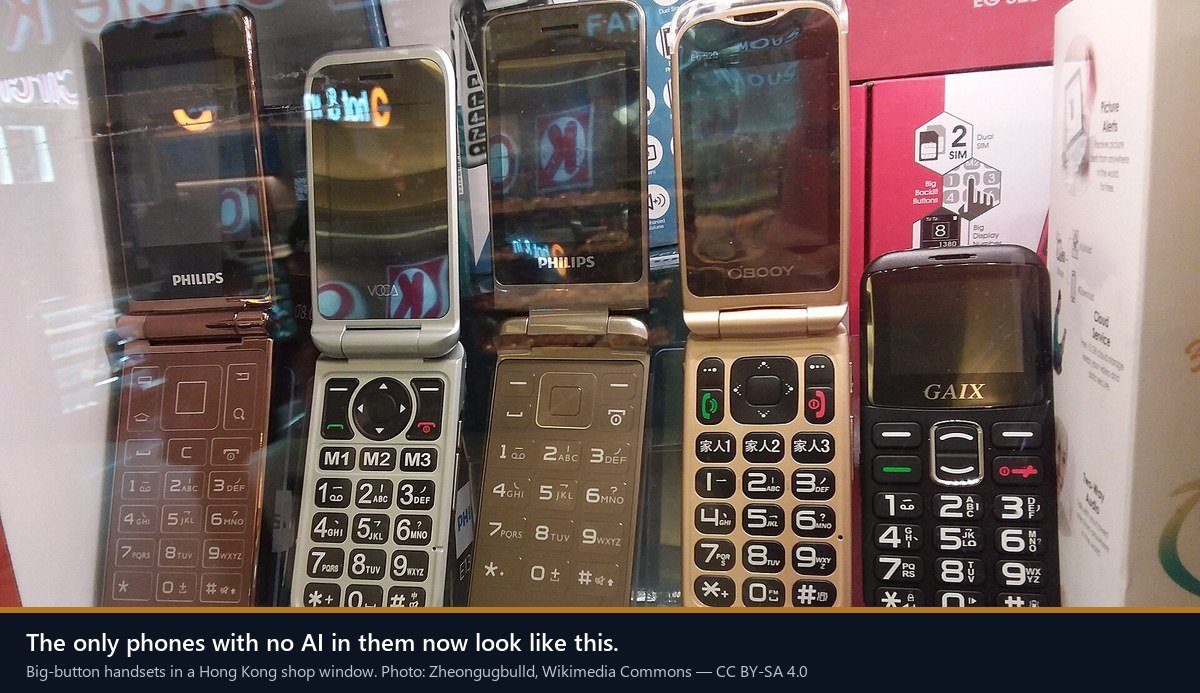 Big-button feature phones on display in a Hong Kong shop window
