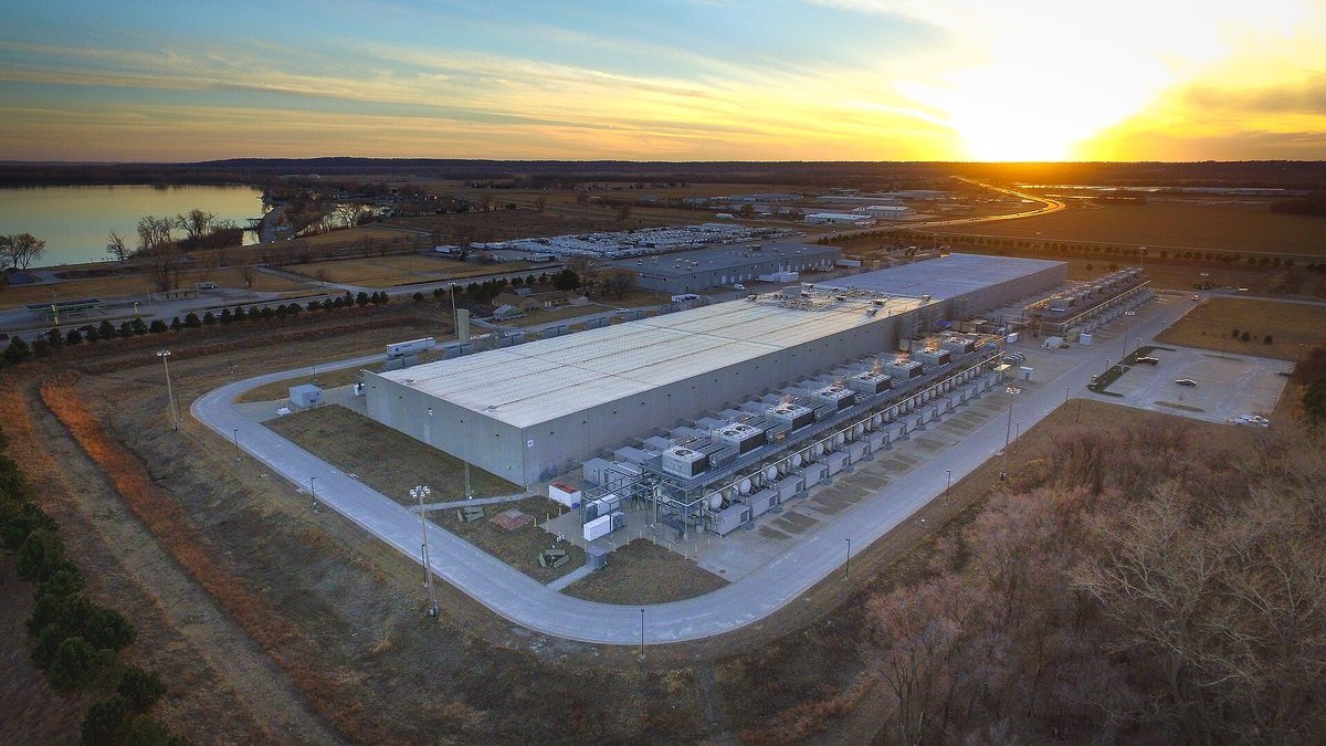 Aerial view of a Google data center in Council Bluffs, Iowa at sunset