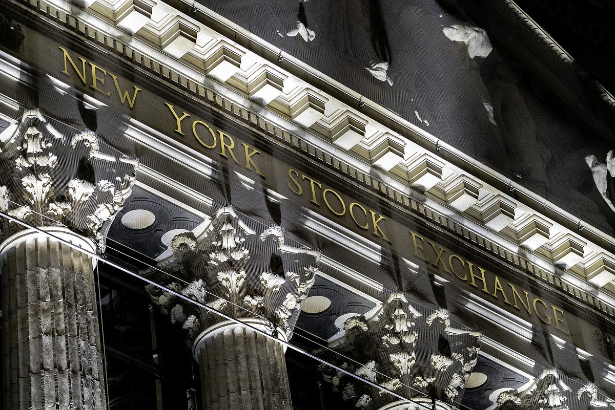 The New York Stock Exchange facade on Broad Street with gold lettering
