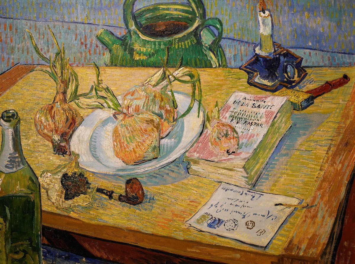 Van Gogh still life of a working desk: a letter with a wax seal, a book, a pipe, a candle and onions on a wooden table