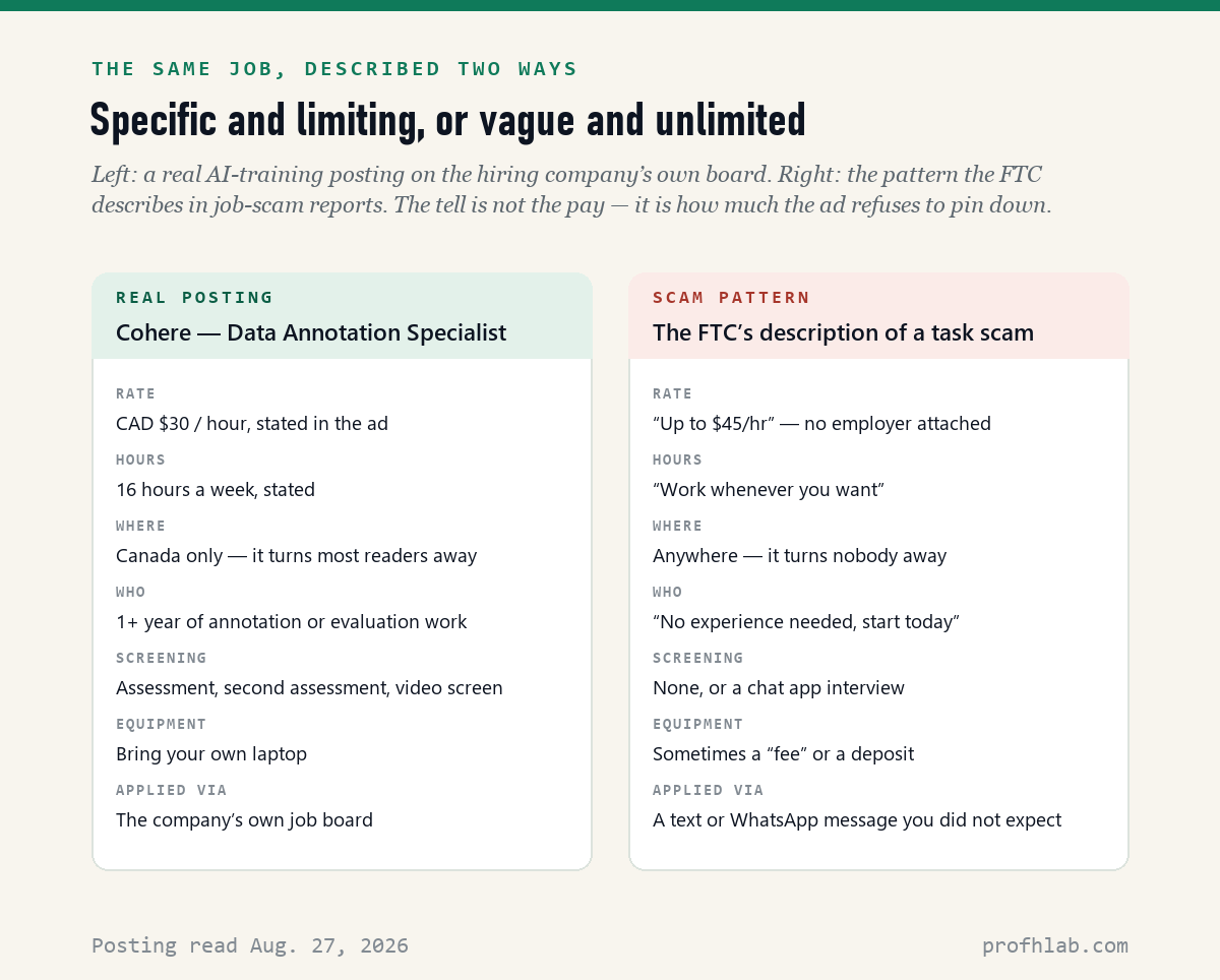 Side-by-side comparison of a real Cohere annotation posting and the FTC description of a task scam, across rate, hours, location, experience, screening, equipment and how you applied