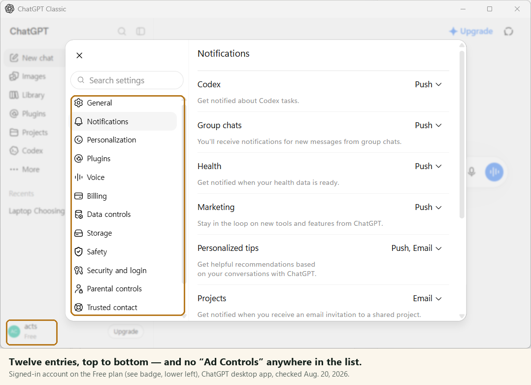 ChatGPT desktop settings menu on a signed-in free account listing twelve entries from General to Trusted contact, with no Ad Controls entry