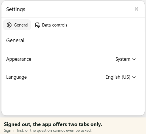 ChatGPT desktop settings while signed out, showing only two tabs: General and Data controls
