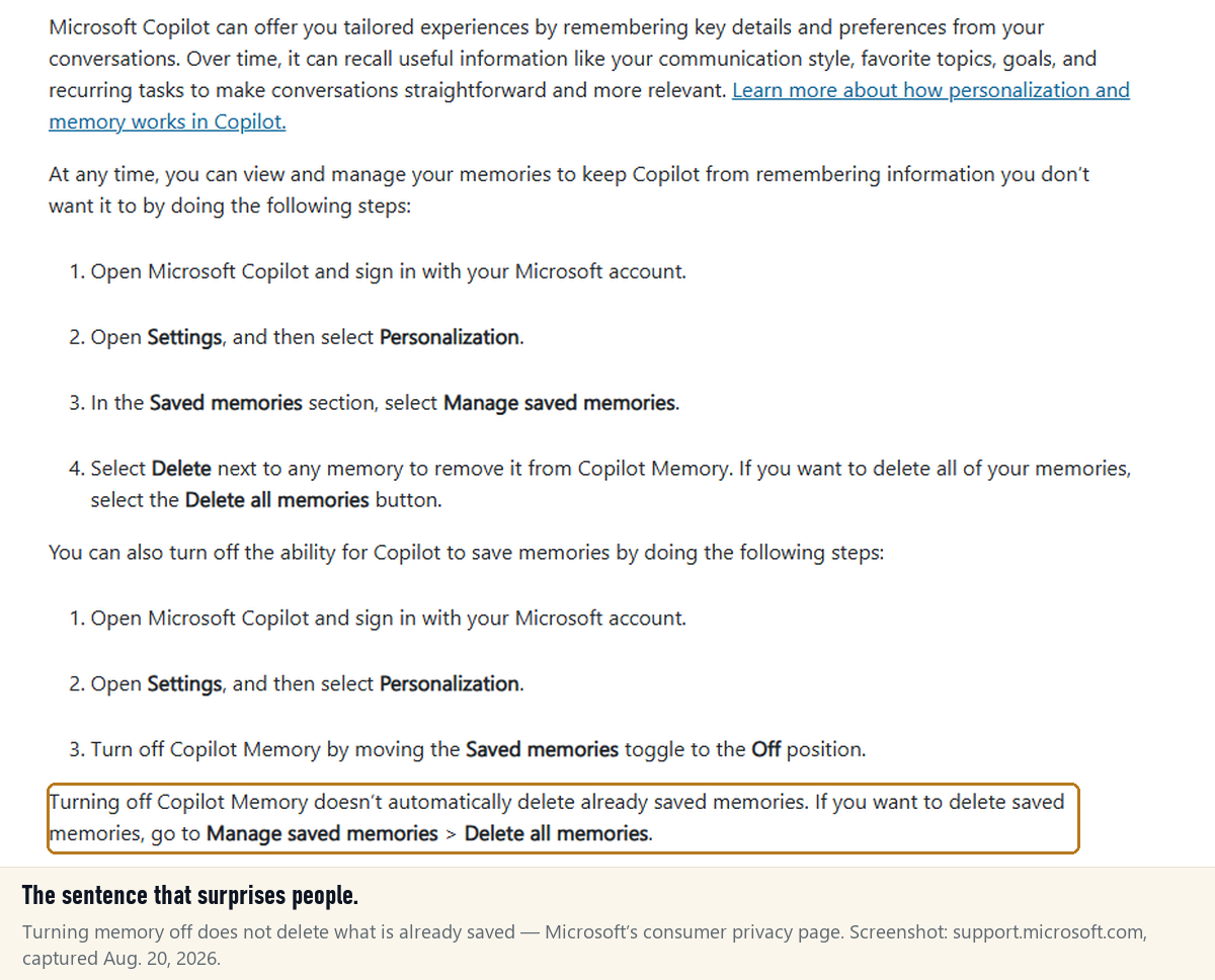 Microsoft support page stating that turning off Copilot Memory does not automatically delete already saved memories.